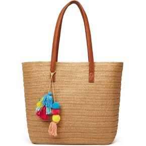 Epsion Straw Beach Bags Tote Tassels Bag Hobo Summer Handwoven Shoulder Bags Purse With Pom Poms in Kuwait