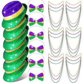 Funtery 6 Set 30 Pieces Mardi Gras Costumes Accessories for Men 6 Sequin Mardi Gras Hat 18 Green Purple Yellow Bead Necklace and 6 Sequin Bow Ties for Mardi Gras Party in Saudi Arabia