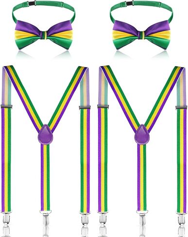 4 Pieces Mardi Gras Suspenders Mardi Gras Mens Costume Suspenders and Bowtie Set, Adjustable Elastic Y Back Style Suspender Party Supplies Suspenders Shoulder Straps for Boys and Men in Saudi Arabia