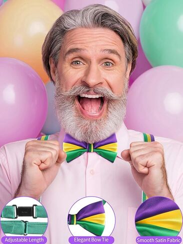 4 Pieces Mardi Gras Suspenders Mardi Gras Mens Costume Suspenders and Bowtie Set, Adjustable Elastic Y Back Style Suspender Party Supplies Suspenders Shoulder Straps for Boys and Men in Saudi Arabia