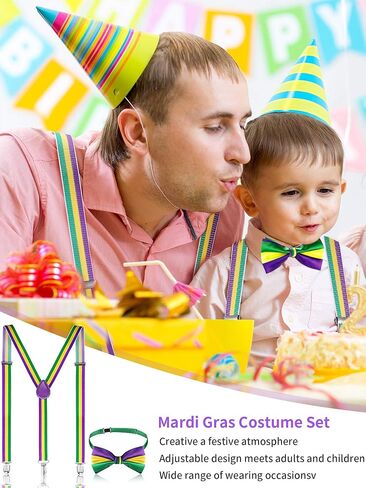 4 Pieces Mardi Gras Suspenders Mardi Gras Mens Costume Suspenders and Bowtie Set, Adjustable Elastic Y Back Style Suspender Party Supplies Suspenders Shoulder Straps for Boys and Men in Saudi Arabia