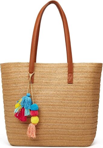 Epsion Straw Beach Bags Tote Tassels Bag Hobo Summer Handwoven Shoulder Bags Purse With Pom Poms in Kuwait