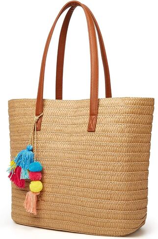 Epsion Straw Beach Bags Tote Tassels Bag Hobo Summer Handwoven Shoulder Bags Purse With Pom Poms in Kuwait