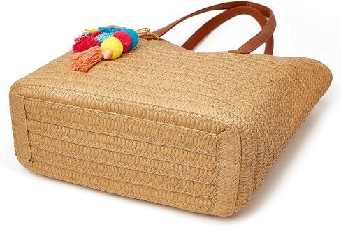 Epsion Straw Beach Bags Tote Tassels Bag Hobo Summer Handwoven Shoulder Bags Purse With Pom Poms in Kuwait