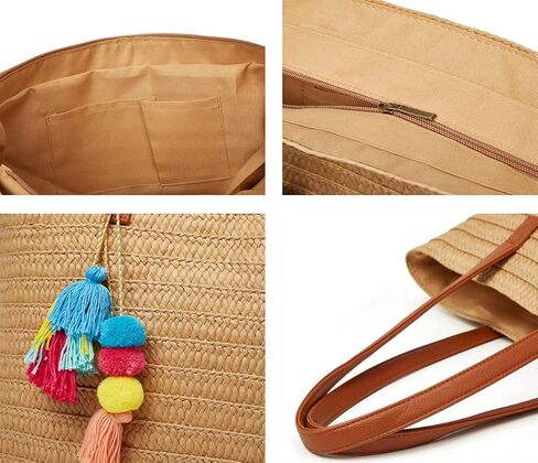 Epsion Straw Beach Bags Tote Tassels Bag Hobo Summer Handwoven Shoulder Bags Purse With Pom Poms in Kuwait