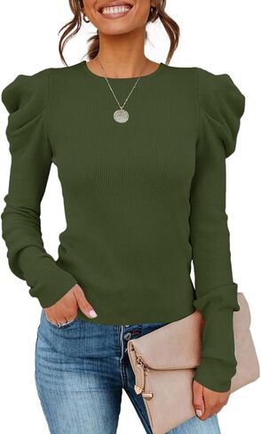 SENSERISE المرأة طويلة الأكمام نفخة البلوز البلوزات طاقم الرقبة عادية سليم صالح محبوك البلوز القمم in Kuwait