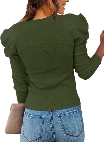 SENSERISE المرأة طويلة الأكمام نفخة البلوز البلوزات طاقم الرقبة عادية سليم صالح محبوك البلوز القمم in Kuwait