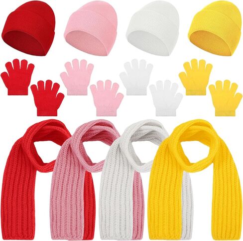 Liitrsh 12 Pcs Kids Winter Beanie Hat Scarf Gloves Set for 2-6 Years Old Girls Boys Toddler Warm Winter Knit Hat Scarf Gloves Set for Christmas Seasonal Gift, 4 Colors, Pink, Yellow, Red, White, 2-6 in Saudi Arabia