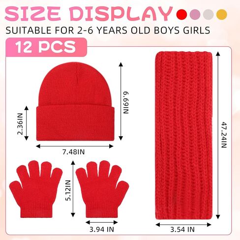Liitrsh 12 Pcs Kids Winter Beanie Hat Scarf Gloves Set for 2-6 Years Old Girls Boys Toddler Warm Winter Knit Hat Scarf Gloves Set for Christmas Seasonal Gift, 4 Colors, Pink, Yellow, Red, White, 2-6 in Saudi Arabia