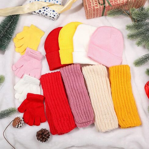 Liitrsh 12 Pcs Kids Winter Beanie Hat Scarf Gloves Set for 2-6 Years Old Girls Boys Toddler Warm Winter Knit Hat Scarf Gloves Set for Christmas Seasonal Gift, 4 Colors, Pink, Yellow, Red, White, 2-6 in Saudi Arabia