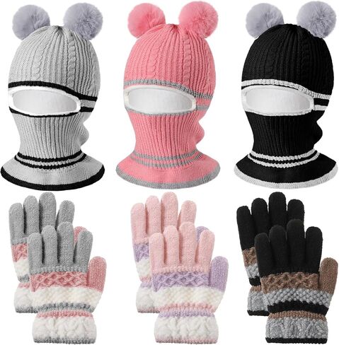9 Pcs Kids Hood Scarf Gloves Set Kids Knit Hat Winter Thick Earflap Skull Caps Toddler Fleece Beanie Cap Balaclava for Boy Girls, 3 Style in Saudi Arabia