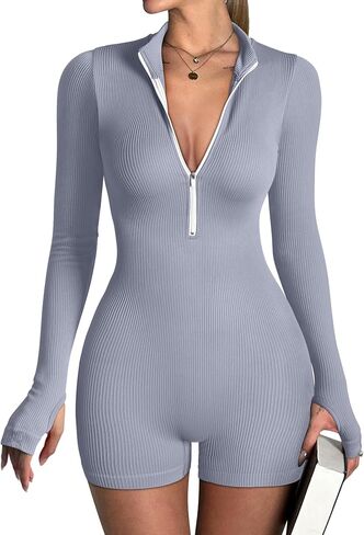 ثوب فضفاض للسيدات من OQQ لليوجا وأكمام طويلة مضلعة وسحاب أمامي للتمرين in Kuwait