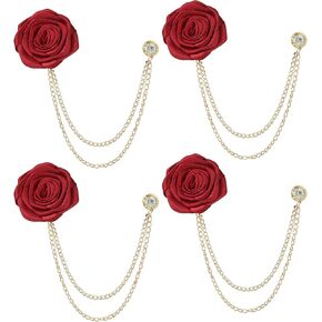 4pcs Rose Lapel Brooch with Hanging Chain, Handmade Rose Flower Brooch Badge Tassel Chain Men's Suit Accessories in Kuwait