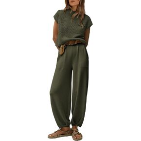 PRETTYGARDEN Womens Two Piece Outfits Sweater Sets Knit Pullover Tops And High Waisted Pants Matching Tracksuit Sweatsuit Set in Saudi Arabia