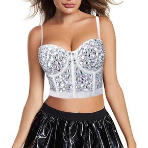 GOOHO Women's Bustier Crop Top Mesh Corset Top Push up Rhinestone Diamond Bra Club Party Vest Rhinestone
