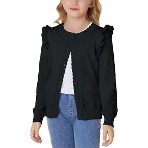 Girls Cardigan Cable Knit Sweater Long Sleeve Open Front Button Light Weight Solid Crochet Shrug 5-12
