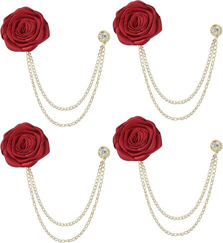 4pcs Rose Lapel Brooch with Hanging Chain, Handmade Rose Flower Brooch Badge Tassel Chain Men's Suit Accessories in Saudi Arabia
