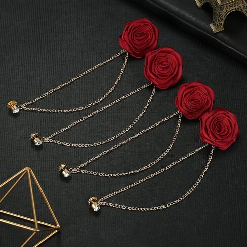 4pcs Rose Lapel Brooch with Hanging Chain, Handmade Rose Flower Brooch Badge Tassel Chain Men's Suit Accessories in Saudi Arabia