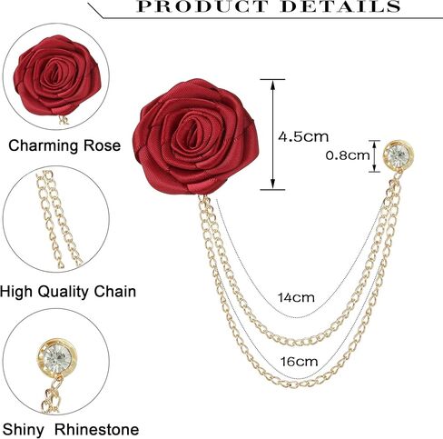 4pcs Rose Lapel Brooch with Hanging Chain, Handmade Rose Flower Brooch Badge Tassel Chain Men's Suit Accessories in Saudi Arabia