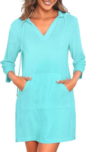 Pinup Fashion Women's Terry Cloth Swimsuit Cover Up Long Sleeve Beach Cover Up Hooded Swim Coverup with Pocket in Saudi Arabia