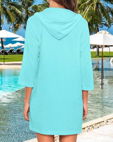 Pinup Fashion Women's Terry Cloth Swimsuit Cover Up Long Sleeve Beach Cover Up Hooded Swim Coverup with Pocket in Saudi Arabia
