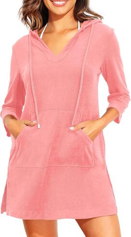 Pinup Fashion Women's Terry Cloth Swimsuit Cover Up Long Sleeve Beach Cover Up Hooded Swim Coverup with Pocket in Saudi Arabia