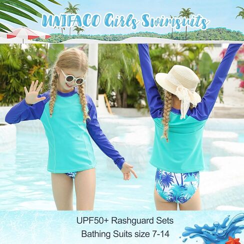 UNIFACO Girls Swimsuit Long Sleeve Bathing Suits 2 Piece Rashguard Sets with UPF 50+ Sun Protection in Kuwait