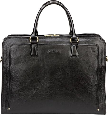 Banuce Full Grains Italian Vegetable Tanned Leather Briefcase for Women Attache Case Stylish Handbags 14 Inch Laptop Computer Professional Business Work Bags with Luggage Strap Black in Saudi Arabia