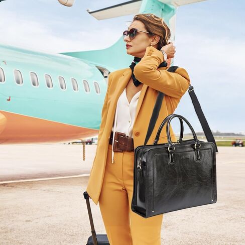 Banuce Full Grains Italian Vegetable Tanned Leather Briefcase for Women Attache Case Stylish Handbags 14 Inch Laptop Computer Professional Business Work Bags with Luggage Strap Black in Saudi Arabia
