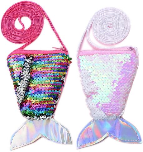 2Pcs Mermaid Tail Coin Purse Sequin Crossbody Coin Wallet Bags Little Girls Mermaid Party Birthday Gifts(Color+Pink) in Saudi Arabia