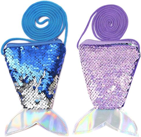 2Pcs Mermaid Tail Coin Purse Sequin Crossbody Coin Wallet Bags Little Girls Mermaid Party Birthday Gifts(Color+Pink) in Saudi Arabia