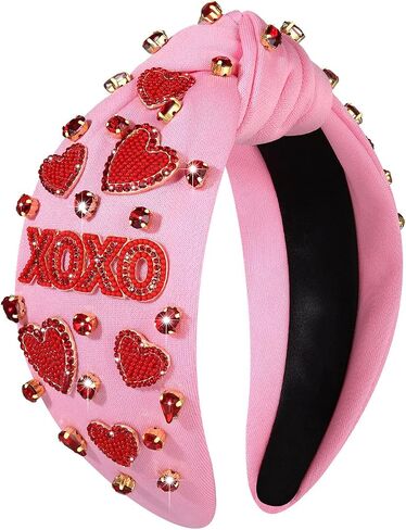 CEALXHENY إكسسوارات عصابات رأس عيد الحب للنساء XOXO Love Massage Heart عقال أحمر وردي قلب كريستال معقود عصابة رأس مرصعة بالجواهر واسعة عقدة رأس هدايا عيد الحب (XOXO A) in Saudi Arabia