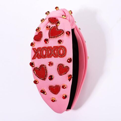 CEALXHENY إكسسوارات عصابات رأس عيد الحب للنساء XOXO Love Massage Heart عقال أحمر وردي قلب كريستال معقود عصابة رأس مرصعة بالجواهر واسعة عقدة رأس هدايا عيد الحب (XOXO A) in Saudi Arabia