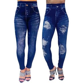 Women's Denim Print Seamless Full Leggings for All Seasons - One Size Fits Small and Medium