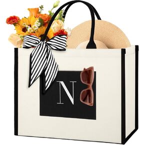 Bagstash Personalized Initial Canvas Tote Bag, Monogrammed Beach Tote Bag for Women, Birthday Gifts for Women, Bride, Holiday
