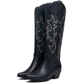 أحذية GOSERCE النسائية لرعاة البقر الغربي مع كعب مكتنز مطرز وكعب عريض 2.5 بوصة، أحذية راعية البقر الكلاسيكية متوسطة الساق، على شكل لوز، مقدمة مدببة، أحذية عالية للركبة، تصميم عصري in Kuwait