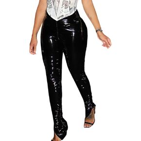 xxxiticat Women's Pleated PU Leather Pants High Wasit Bodycon Ruched Split Hem Faux Leather Club Legging Trousers