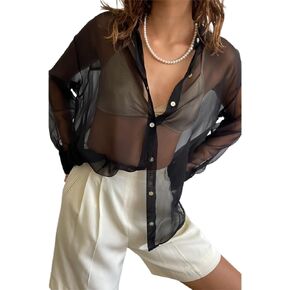 Women’s Sheer Button Up Shirt Y2K Long Sleeve Lapel V Neck Mesh Top Vintage See Through Basic Blouse Streetwear