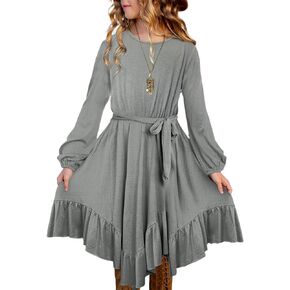 Ecokauer Girls Long Sleeve Floral Print Pleated Swing Casual Midi Dress with Pocket Size 4-13