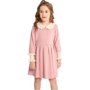 SMILING PINKER Girls Dresses Ruffle Peter Pan Collar Sweater Long Sleeve Knit Pleated Dress