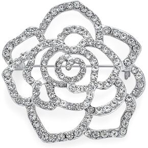 Bling Jewelry Large Fashion Statement Sparkling Party Rose Flower Shape Open Pave Crystal Wedding Brooch Scarf Pin for Women Silver Tone Rhodium Plated