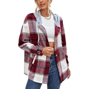 HangNiFang Womens Plaid Flannel Hoodie Shirts Long Sleeve Button Down Jacket Coats