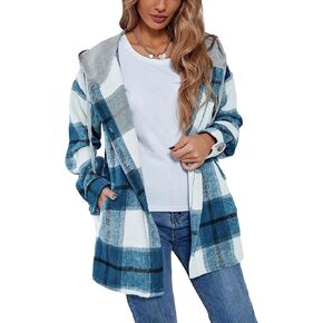 HangNiFang Womens Plaid Flannel Hoodie Shirts Long Sleeve Button Down Jacket Coats