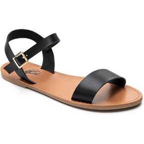 Trary Sandals for Women Dressy Summer, Leather Flat Sandals for Women, Ankle Strap Gladiator Sandals, Cute Open Toe One Band Two Tone Sandals, Adjustable Metal Buckle Sandals, Comfortable Wedding Sandals for Women