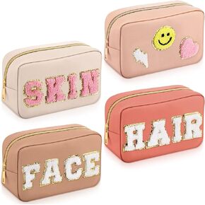 Sanwuta 4 Pcs Chenille Bag Preppy Patch Makeup Bag Cosmetic Bag Chenille Letters Toiletry Bag PU Leather Waterproof Portable Pouch Travel Organizer (Blue, Pink, Green, Purple, Fresh Style)
