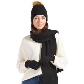 Fishers Finery Women's 3 Piece 100% Cashmere Pom Beanie Hat Glove & Scarf Set, with Gift Box