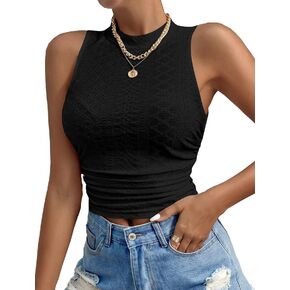 HOTOUCH Tank Top for Women Sleeveless Mock Neck Ruched Racerback Eyelet Embroidery Slim Fit Crop Top