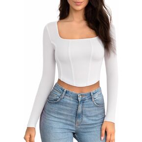 CLOZOZ Square Neck Long Sleeve Crop Top For Women Fitted Long Sleeve Bustier Corset Top Ribbed Going Out Tops For Women in Kuwait