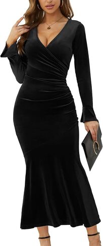 فستان نسائي طويل الأكمام من CYiNu برقبة على شكل حرف V مخملي أنيق لحفلات الكوكتيل in Kuwait