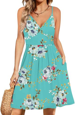 WEACZZY Women's 2026 Summer Dresses V Neck Spaghetti Strap Sundress Casual Beach Flowy Mini Dress with Pockets in Kuwait